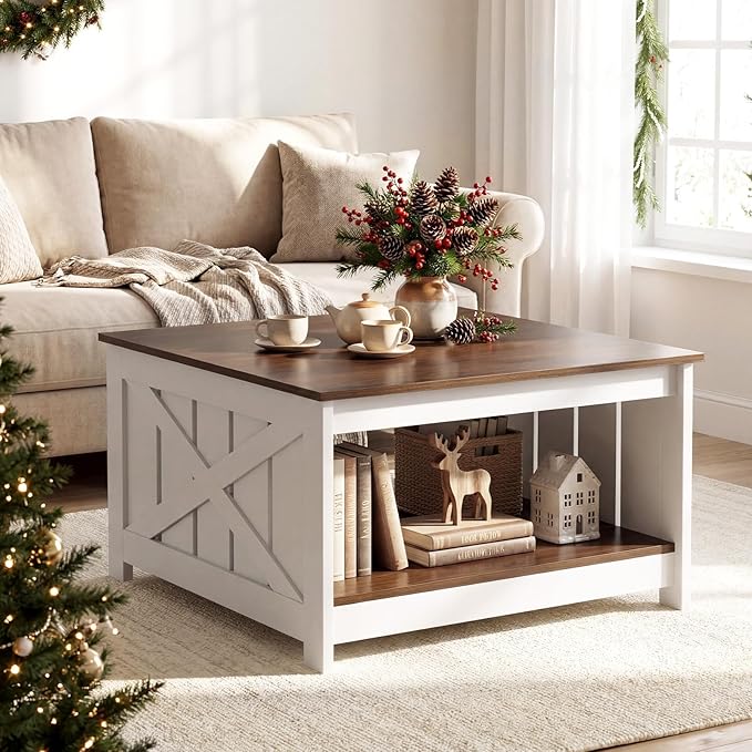 Giantex Farmhouse Coffee Table, 31 Inch Square Wood Coffee Table with Storage Shelf, 2-Tier Vintage Center Table with Open Compartment, Rustic Living Room Table for Home Office, White & Brown
