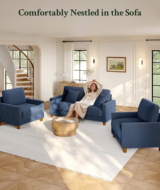 35.3" Couches for Living Room, Comfy Blue Couch Single with 22.5" Deeper Seat, Accent Chair Tool-Free Setup, Reading Chair 440lbs Support, Corduroy Couch for Bedroom, Apartment, Office
