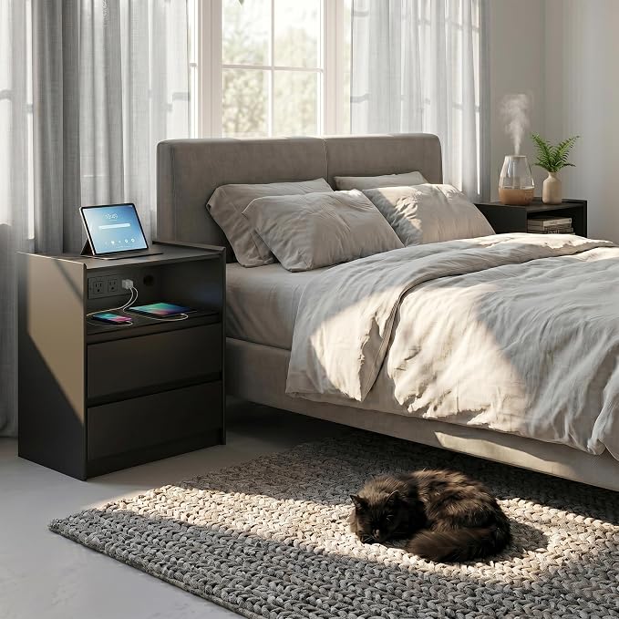 24" Tall Nightstand with Charging Station Including USB-C, Modern Bedside Table and Sofa End Table - Black, 2 Drawers, 1-Pack - Image 3
