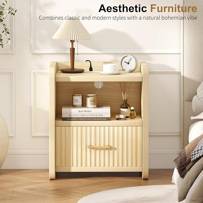 Night Stand with Charger Station, Fluted Nightstands Set of 2 with Drawer, Modern Bedside Table Set of 2, Wide Nightstands for Bedroom, Mid Century Wooden Night Stands for Home Sofa Couch - Image 8