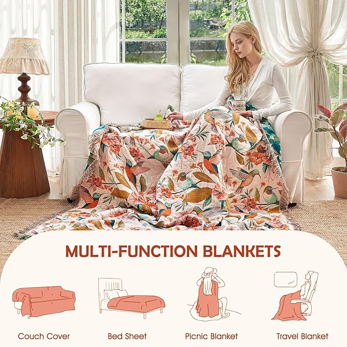 Boho Throw Blanket - 50"x60" 100% Cotton Ultra Soft Lightweight Spring Blanket, 4-Layer Breathable Muslin Blankets for Bed Couch, Reversible Blue Floral Bird Printed Bohemian Cotton Quilt
