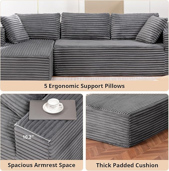 LUCKLIFE 108" Modular Sectional Couch with L-Shape Chaise,Corduroy Upholstery Boneless Couches for Living Room,Oversized Sleeper Sofa,No Assembly Required (Grey, L Shape with Left Facing Chaise)