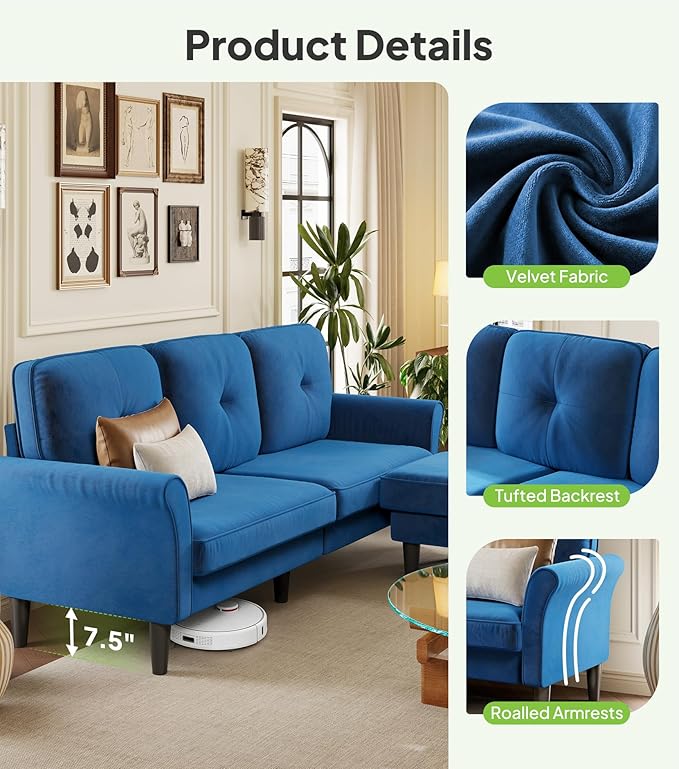 Sofas for Living Room, 83" Velvet Sectional Couch with Moveable Ottoman, Midcentury Modern Small Sectional Couch, L Shape Sofa & 2 Seater, Couches for Living Room, Apartment, Bedroom