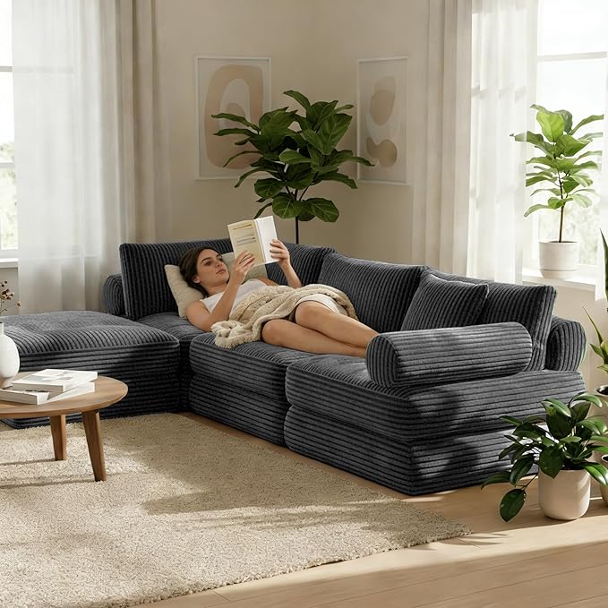 Plush Corduroy Folding Sofa Bed, Free Setup Floor Beds, 34" Boneless Couch for Small Spaces, Corner Chair, Convertible Sleeper Chair, Corner Couch, Foldable Sleeper Sofa Beds, Cloud Grey