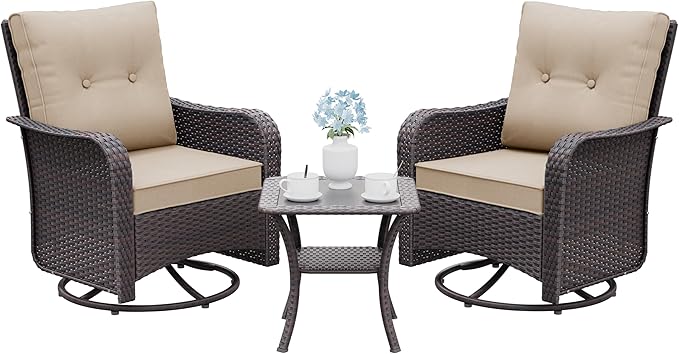 Gotland Outdoor Swivel Chairs Set of 2, 3 Pieces Patio Furniture Set with Thick Cushion, Wicker Rocking Patio Chairs Set of 2, Patio Bistro Set with Double-Layer Coffee Table for Balcony Porch Khaki by Gotland