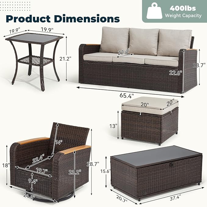 7 Pieces Outdoor Furniture Set with Swivel Chairs, Wicker Patio Furniture for Porch Deck Bistro Lawn Garden Backyard Poolside- Brown Rattan/Khaki