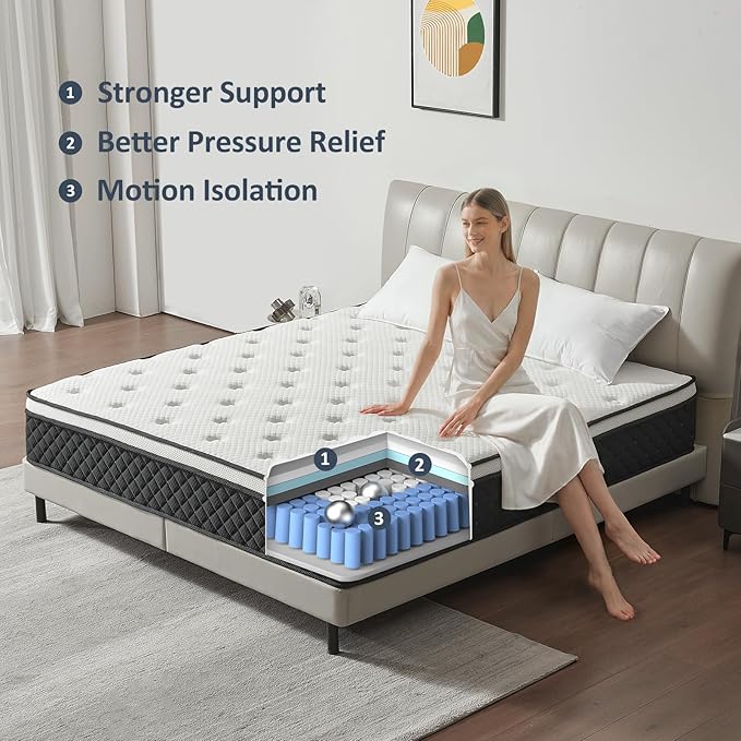 Full Size Mattress, 12 Inch Full Mattress in a Box, Memory Foam Mattress with Pocket Springs, Medium Firm, Lumbar Support & Motion Isolation, Pressure Relief & Breathable Comfort