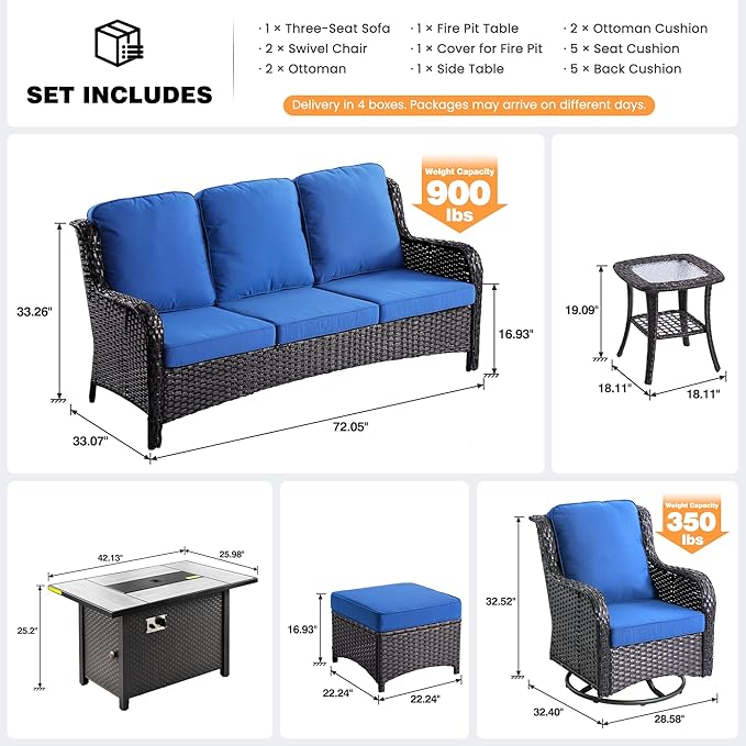 ovios 7-Piece Patio Furniture Set with Swivel Chairs Coffee Table, Outdoor Wicker Sofa with 42" Fire Pit Table, High Back Couch Modern Conversation Sets, Brown/Navy Blue