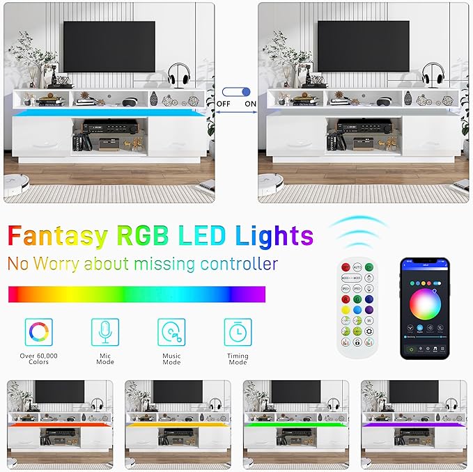 chartustriable LED TV Stand for 80 Inch TV, Modern Tall Entertainment Center with Power Outlets, High Gloss TV Stand, Gaming TV Media Console with Glass Shelf for Living Room, 71 Inch, White - Image 4