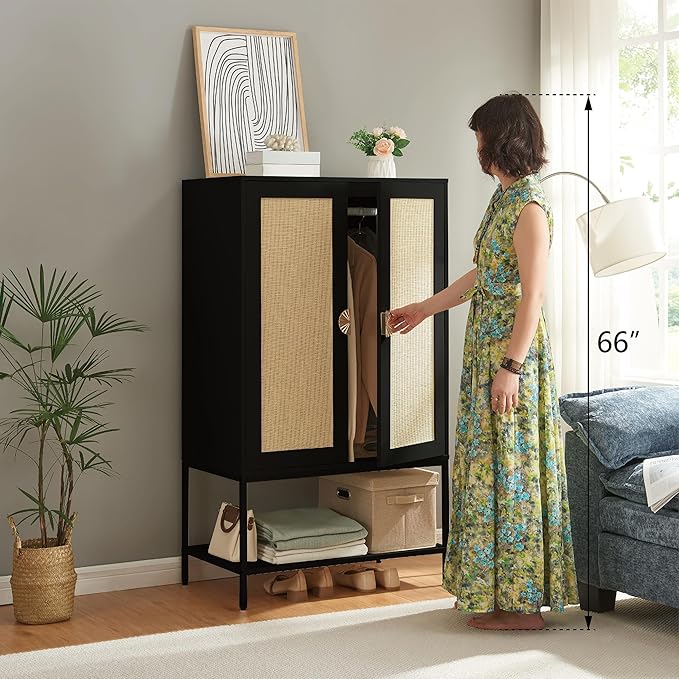 Bedroom Armoire,Wooden Rattan Armoires Metal Frame with Large Storage Space & Elegant Handle 2 Doors for Bedroom(Black)