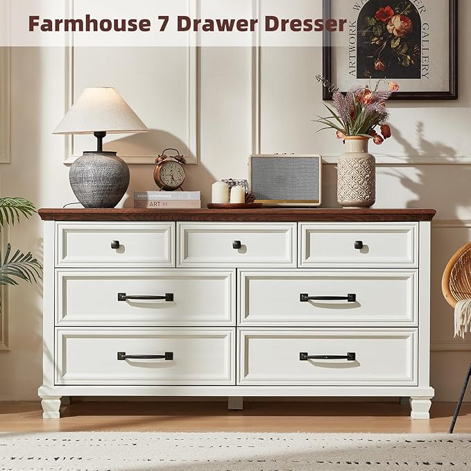 SAVOR LIFE Farmhouse Dresser and Nightstand Sets 3 Piece, 5/7 Drawer Dresser & 2 Drawer Nightstand Set, Rustic Wood Bedroom Furniture Set for Home, Bedroom, Hallway, White