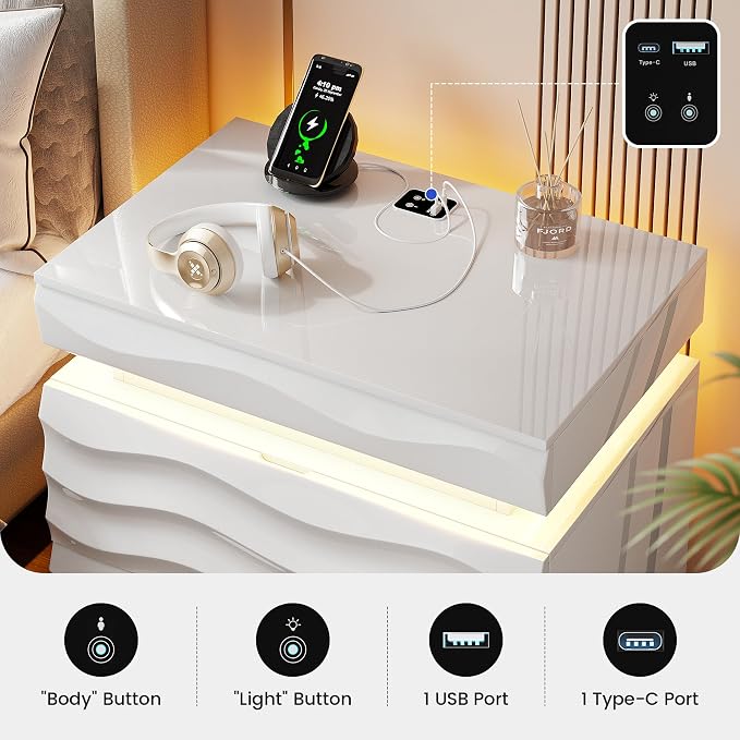 Night Stand with Gun Drawer - 23.6" Extra Wide LED 2 - Drawer Nightstand with Hidden Storage Human Sensor Light - Charging Bedside End Table with USB & Type-C Port for Bedroom, White - Image 4