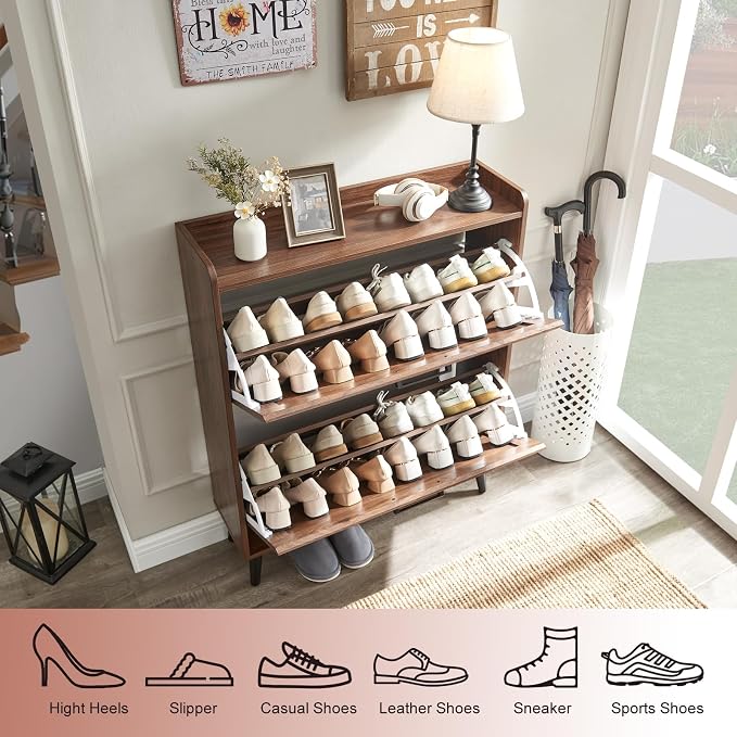 Barnyatoh Shoe Storage Cabinet with 2 Flip Drawers, Farmhouse Hidden Shoe Organizer, Narrow Slim Shoe Rack Cabinet for Entryway Hallway,Walnut - Image 5