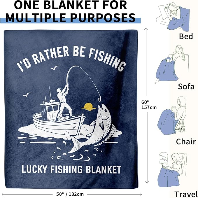 Fishing Gifts for Men, Flannel Soft Lucky Fish Blanket Decor, Fishermen Gifts for Men Boys Accessories, I’d Rather Be Fishing - 50" x 60"