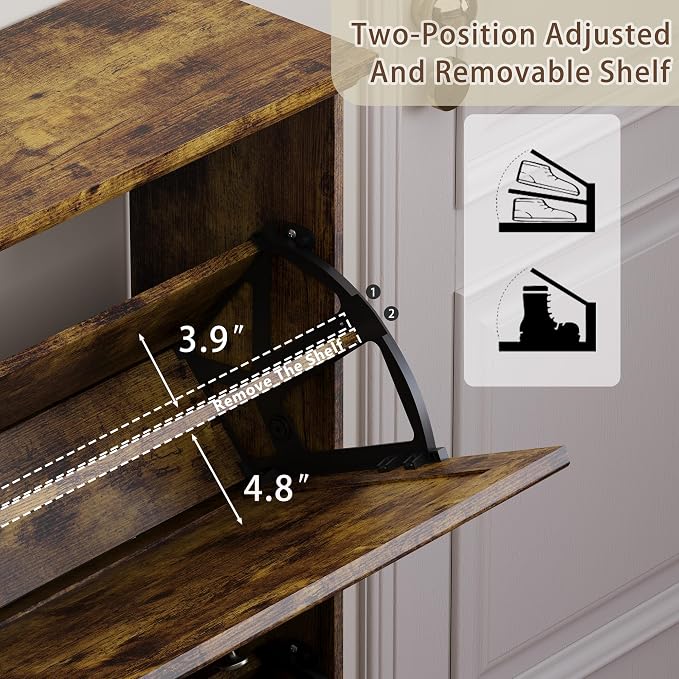 BORNOON 3 Flips Shoe Cabinet for Entryway, Narrow Shoe Storage Cabinet with Adjustable Shelves, Wooden Space-Saving Organizer and Rack for Foyer, Closet, Hallway - Image 5