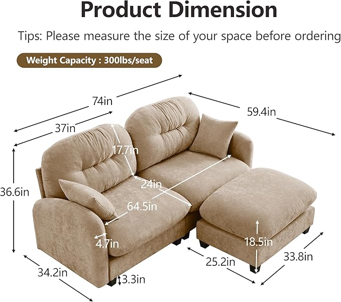 KEIKI 74" L-Shaped Oversized Chenille Modular Sectional Loveseat Sofa with 1 Ottoman, High-Density Foam Cushions, Tufted Pleated Cushion Backrest, 2-Seater Couch with 2 Pillow, for Living Room, Camel
