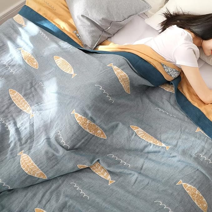 Boho Throw Blanket for Bed 100% Cotton Ultra Soft Rustic Quilt Spring Blanket Fish Farmhouse Decor Bed Blankets,60"x80" All Season Rustic Throw for Sofa Couch Chair