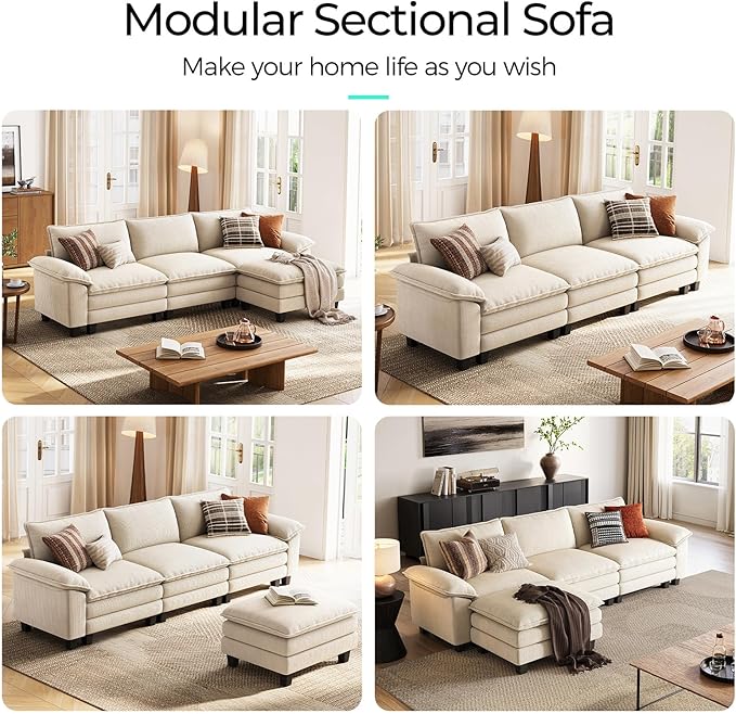LINSY HOME 123'' Modular Sectional Sofa Beige Couch Corduroy Cloud Couches for Living Room, L Shaped Couch with Movable Ottoman, Modern Cloud Sectional Sofas for Bedroom and Apartment, Beige