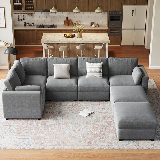 GAOMON Oversized Modular Sectional Sofa, 7 Seater Sectional Couch, 138" U Shaped Sofa with Movable Ottoman, Convertible Modular Couch for Living Room Apartment and Office, Chenille Grey