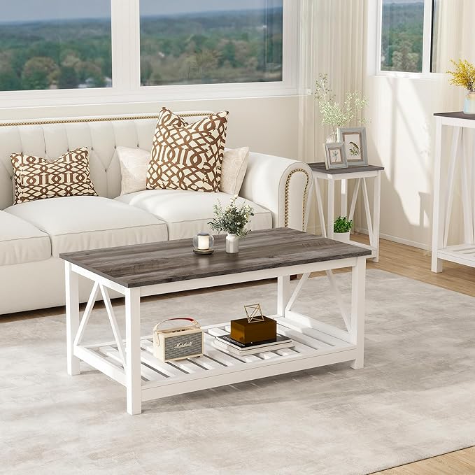 Farmhouse Coffee Table, White Oak Coffee Table for Living Room, 2-Tier Rectangular Wooden Centre Cocktail Table with Slats Shelf Storage and V-Shaped Frame Modern Coffee Oak Grey