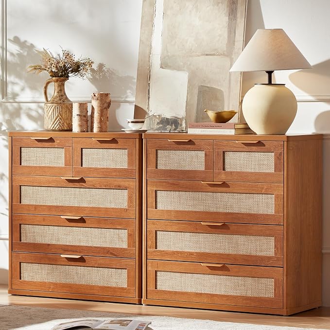 LEYAOYAO Rattan Dresser for Bedroom, 33.5" Tall Chest of Drawers, Modern 5 Drawers Boho Dressers with Storage, Vintage Brown Dresser Wooden Closet Organizer for Living Room, Hallway - Image 2