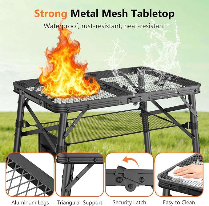 Folding Grill Table for Outside, 3 Height Adjustable Small Camping Table with Mesh Bag, Metal Aluminum Folding Table, 23.62 x 15.75 inches, Portable Grill Stand for Picnic, Camping, BBQ, Beach, Black - Image 5