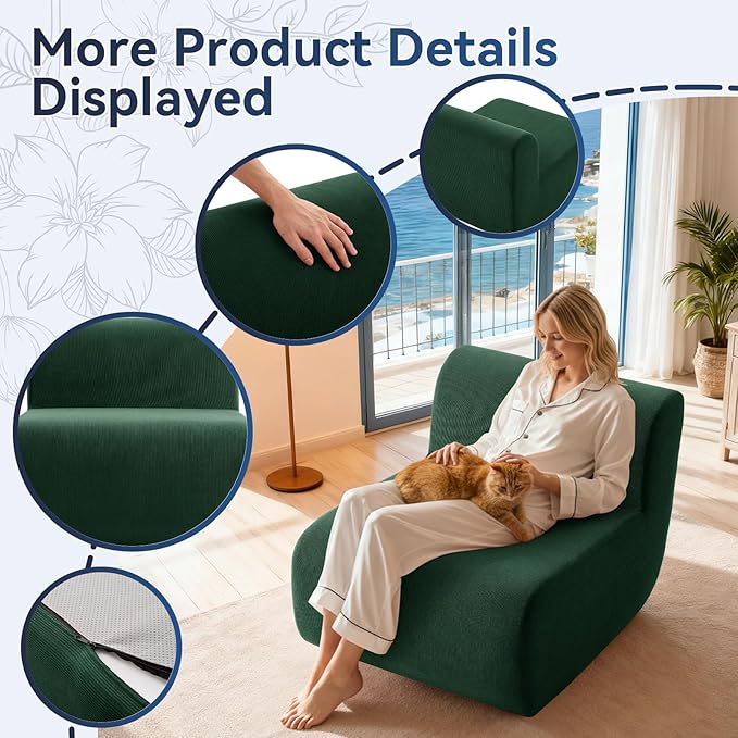 Boneless Couch 26" Single Sofa, 1 Seater Corduroy Couch, No Assembly Modern Compression Sofa in Box, Floor Sofa with Ergonomic Design for Living Room, Dark Green