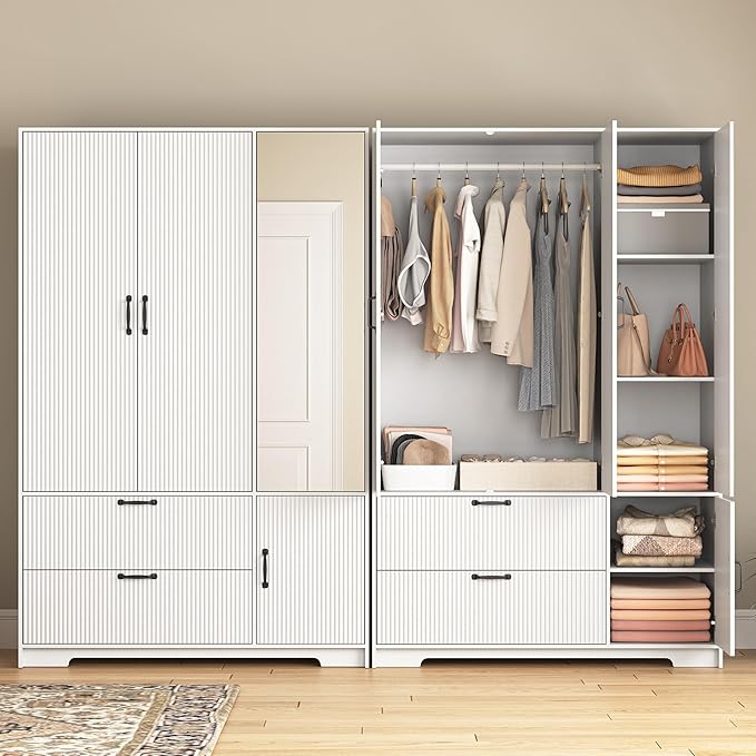 68.5” Armoire Wardrobe Closet with Mirror Door, Freestanding Modern Wooden 3 Doors Fluted Closet with 2 Drawers & Storage Cabinet & Adjustable Shelves & Hanging Rod for Bedroom (White)