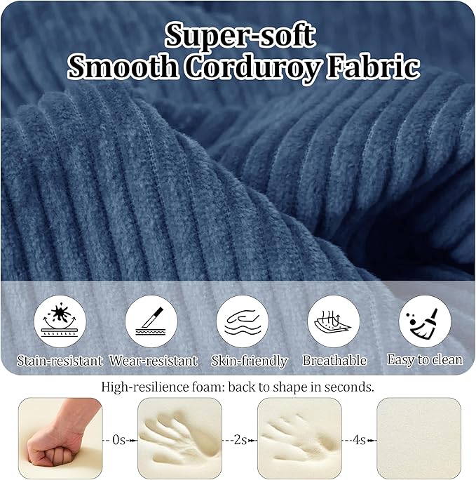 87'' Convertible Compressed Corduroy Folding Cloud Sofa Bed, Modern Modular Boneless Pull Out 3 Seater Sleeper in a Box, 5 in 1 Foldable Floor Mattress Couch, No Assembly Needed, Blue, Pillows, King