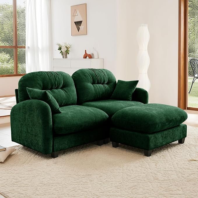 KEIKI 74" L-Shaped Oversized Chenille Modular Sectional Loveseat Sofa with 1 Ottoman, High-Density Foam Cushions, Tufted Pleated Cushion Backrest, 2-Seater Couch with 2 Pillow, for Living Room, Green