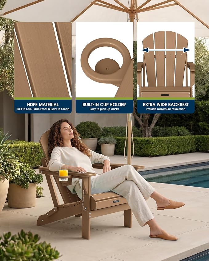 MUCHENGHY Folding Adirondack Chairs 6 Pack, Patio Chairs, Lawn Chairs, Outdoor Chairs, Adirondack Chair Plastic, Fire Pit Chairs, Weather Resistant with Cup Holder for Deck, Backyard, Garden(Teak) - Image 8