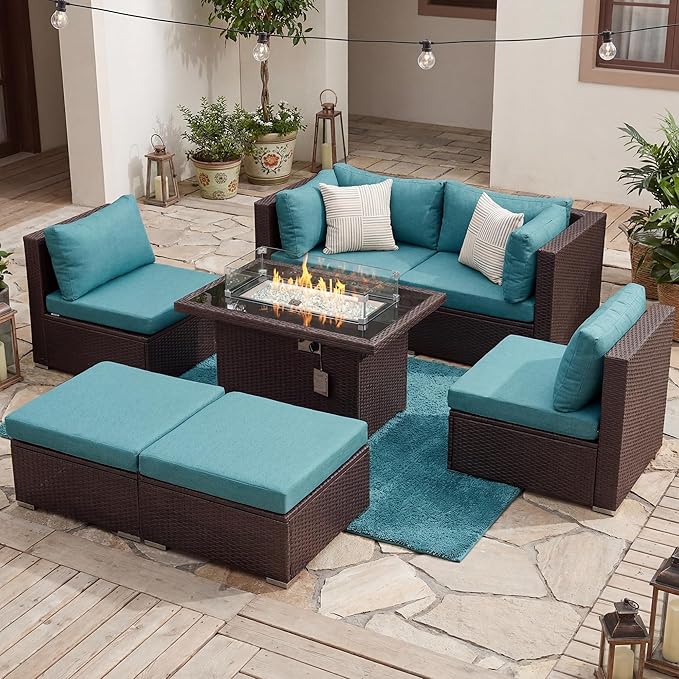 BULEXYARD 7 Pcs High Back Patio Furniture Set with Fire Pit Table Propane/Natural Gas Dual Fuel, Heavy Duty Outdoor Sectional Couch, XL Comfy Backyard Seating for Exterior, Brown Wicker & Teal Cushion