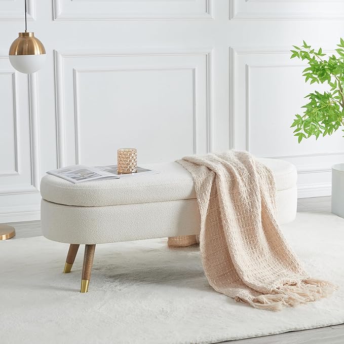 IAFIKE Oval Storage Bench 43.5" Ottoman Bench Upholstered Boucle Fabric Footrest Bench with Golden Metal Legs End of Bed for Bedroom, Living Room, Entryway,Bed Side (Ivory) by ABrandwithtemperature