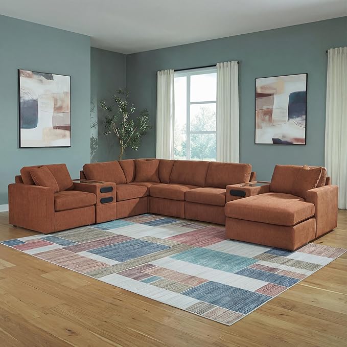 Signature Design by Ashley Modern Modmax Stain Resistant U-Shape Left-Arm Facing 8-PC Sectional with Chaise and Audio Consoles, Orange