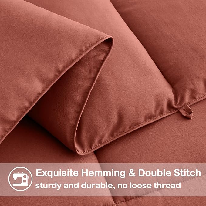 EASELAND Queen Size Down Alternative Comforter - Quilted Duvet Insert for All Seasons, Soft Lightweight with Corner Tabs, Summer Winter Warm Bedding, Terracotta 88×88 Inches