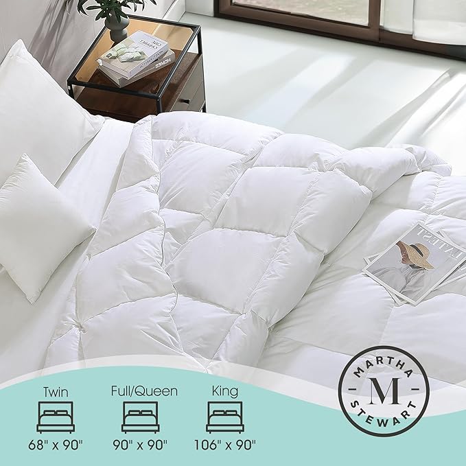 Martha Stewart White Goose Down and Feather Comforter King Size - All Season Warmth Fluffy Duvet Insert with Corner Tabs - Bedding Comforter with 100% Cotton Cover - 106 x 90 Inch