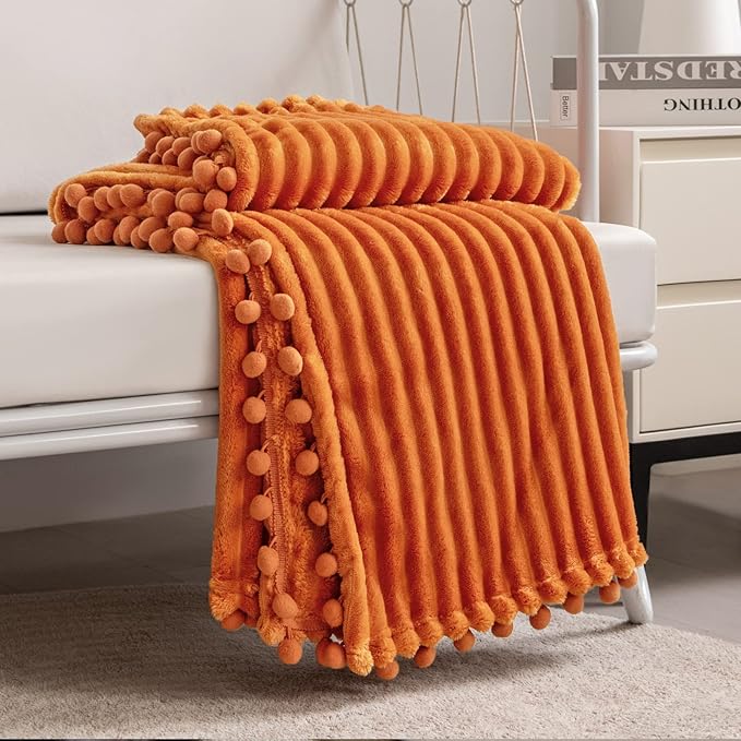 DISSA Fleece Blanket Throw Size ?€? 51x63, Orange ?€? Soft, Plush, Fluffy, Fuzzy, Warm, Cozy ?€? Perfect Throw for Couch, Bed, Sofa - with Pompom Fringe - Flannel Blanket Throw Blanket