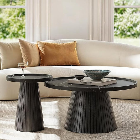 win2win Nesting Coffee Table Set of 2, Modern Coffee Table with Marble Veneer, Fluted Round Tea Table and End Table Set, Minimalist Center Tables for Living Room, Office, Black