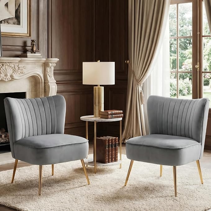 DUOMAY Modern Accent Chair Set of 2 Velvet Slipper Chair with Gold Legs Wingback Side Chair for Living Room Bedroom Entryway Small Corner Chair for Space Saving, Grey