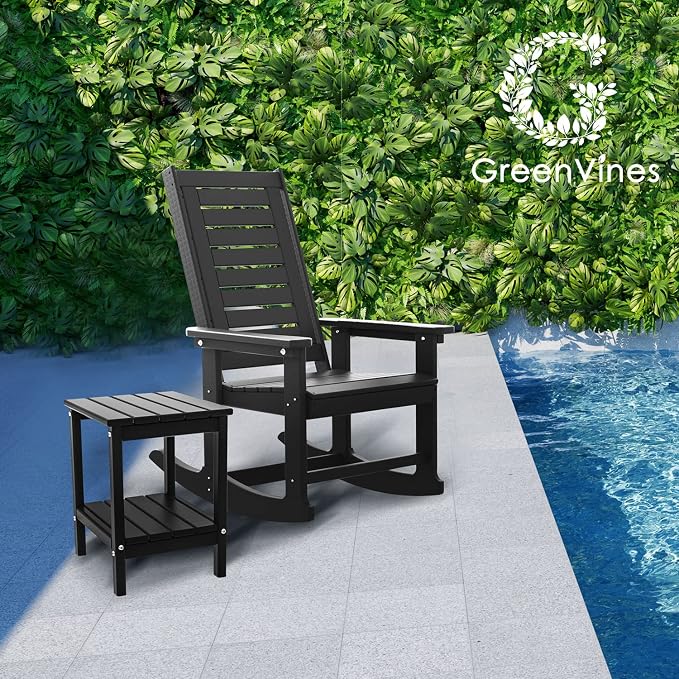 GREENVINES Outdoor Rocking Chair Set | 3-Piece | 2 Rocking Chairs with 1 Side Table | Porch Rocker | HDPE Plastic | Black | Patio Furniture Sets | High Back | Big & Tall | Ladder Back - Image 2