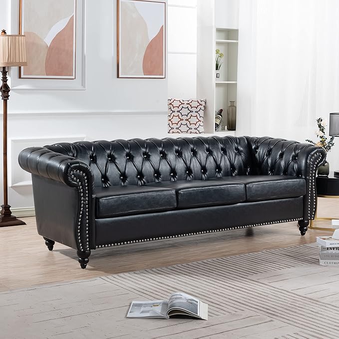 ERYE 84.5-Inch Classic 3 Seat Chesterfield Sofa Couches for Living Room Bedroom, 3 Seaters Button Tufted Faux Leather Upholstered Chesterfield Sofa Couch,Wood Legs | Button Tufted, Easy to Assemble, Nailhead, Removable Cushion