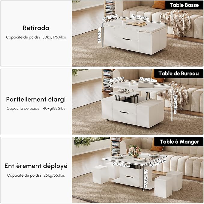 homary White Lift Top Coffee Table with Hidden Storage, 3 in 1 Multi-Function Modern Folding Center Table with 4 Stools and Casters