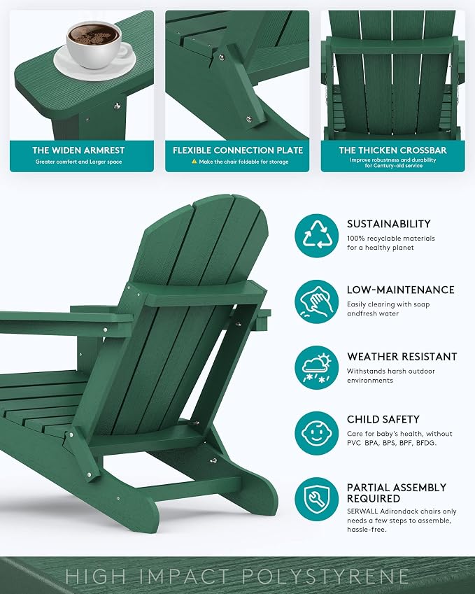 SERWALL Folding Adirondack Chair Set of 6, Painted Adirondack Chair with Cup Holder, Weather Resistant for Patio Deck Garden, Fire Pit & Lawn Furniture Porch - Green - Image 5