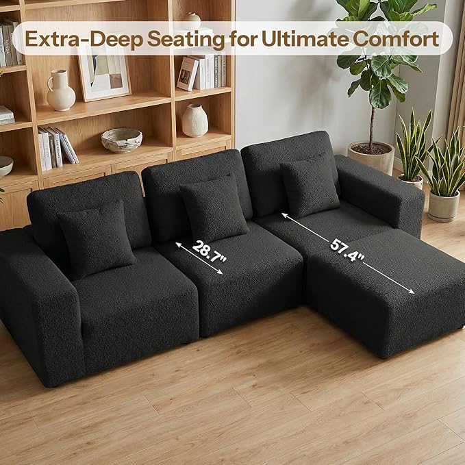 Life Balance Modular Sectional Sofa for Living Room, 106 Inch L-Shape 4-Seat Couches with Chaise, Modular Design Easy to Assemble, Cloud Soft Fabric, Black (Sherpa Fabric)