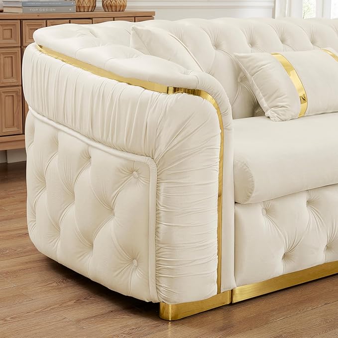 KEIKI 111" L-Shaped Luxury Velvet Chesterfield Sectional Sofa with Gold Stainless Steel Accents and 7 Pillows, Mid-Century Oversized 5-Seater Button Tufted Couch, Easy Assembly, for Living Room, Beige