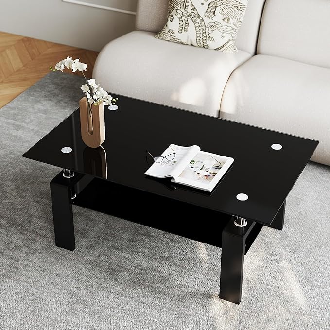 IANIYA Rectangle Tempered Glass Coffee Table, Modern Living Room Table with Storage & Black Metal Legs, Center Table for Bedroom Home Office Small Space Waiting Room