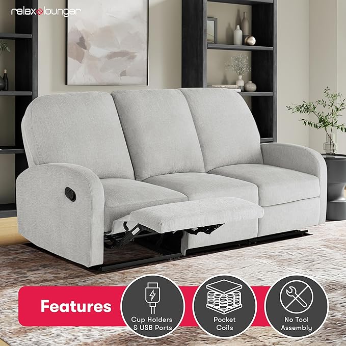 Relax-A-Lounger® Palmdale 79.6" Rocker Manual Pull-Handle Sofa Recliner, Soft Modern, Pocket Coil Comfort, Black Metal Base Leg, Soft Chenille Fabric, Light Gray