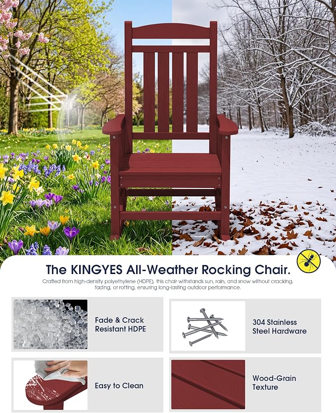 KINGYES Oversized Outdoor Rocking Chair Set of 2, HDPE Patio Rocking Chairs with 330lbs Support for Adults, Dark Red - Image 4