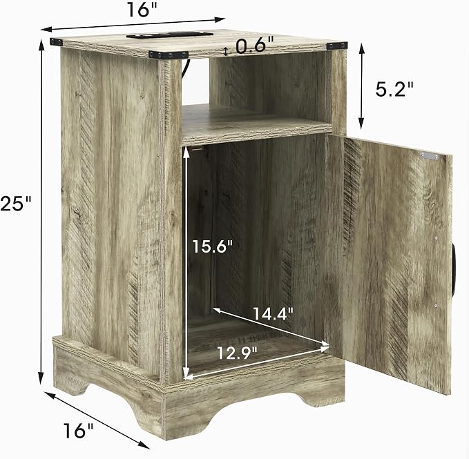RoyalCraft Farmhouse Nightstand, End Table with Charging Station, Tall Bedside Table with Large Storage Room and Shelf, Wooden Rustic Side Table for Bedroom, Home Office, Light Grey - Image 2