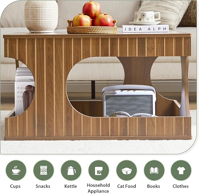 Square Coffee Table with Storage, 31.5" Hollow Cube Coffee Table, 2-Tier Mid-Century Modern Center Table with Arched Cutouts & Carved Lines for Living Room, Cat-Friendly Base (Walnut)